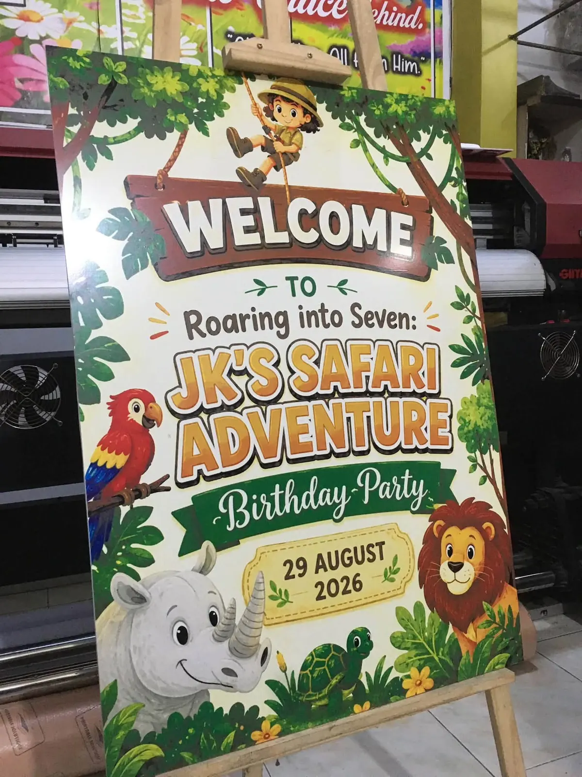 Sintra welcome board for a safari birthday, standing on a wooden easel